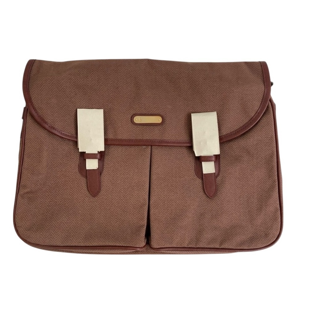 New Lauren Ralph Lauren brown Heritage herringbone satchel faux leather trim NWT